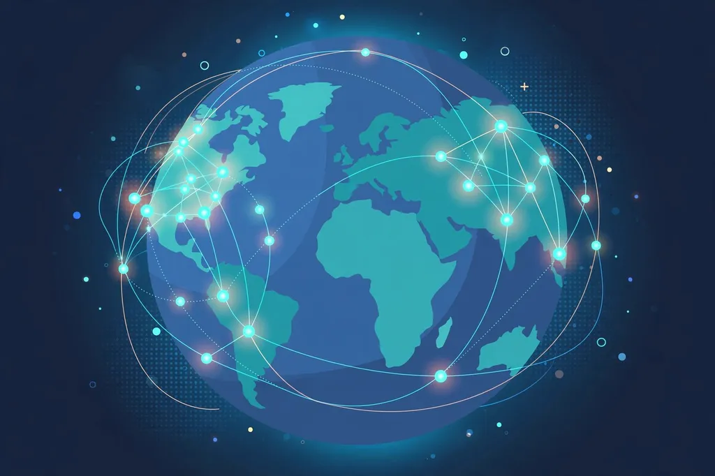 Editorial illustration of a stylised globe with digital connection lines and nodes across continents