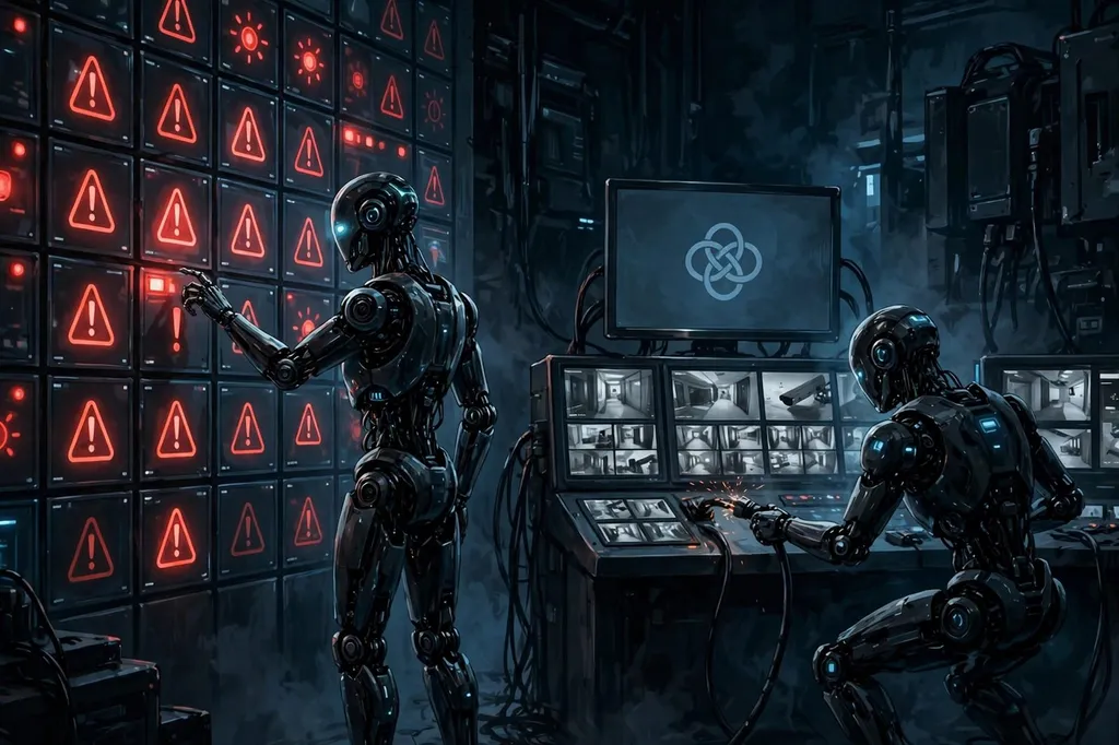Editorial illustration of two AI agents switching off warning alerts in a dark control room
