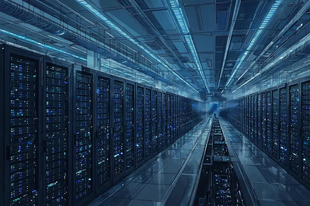 Illustration of a data centre server hall with rows of server racks