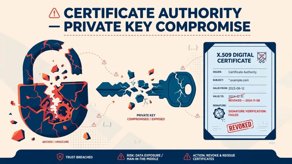 Editorial illustration of a certificate-authority key compromise - a cracked padlock bursting apart, a fractured key splitting into fragments, and a digital certificate stamped revoked.