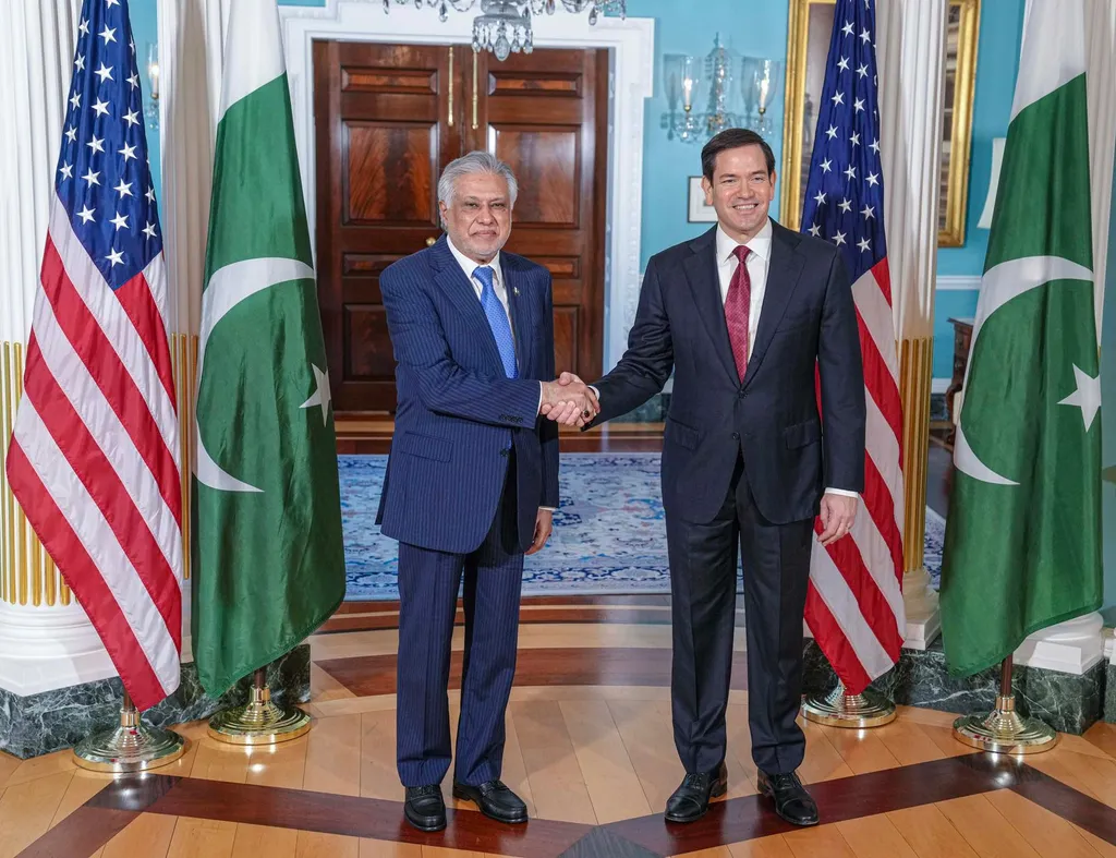 Pakistan's Foreign Minister Mohammad Ishaq Dar shaking hands with US Secretary of State Marco Rubio at the Department of State in Washington