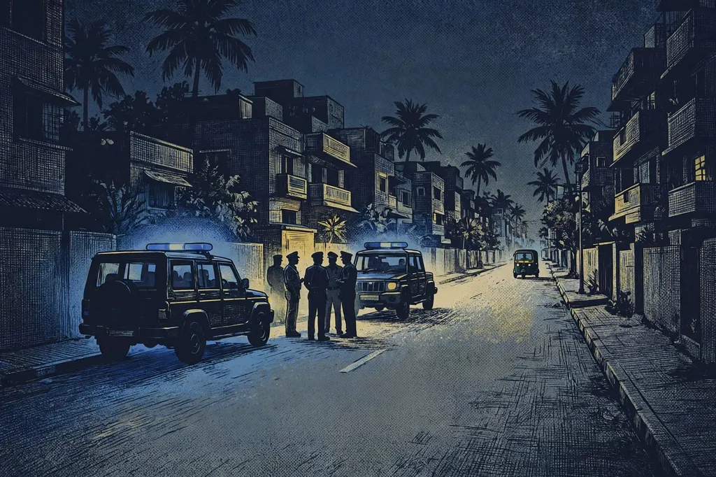 Illustrated night scene of a Mumbai street with a police cordon outside residential buildings