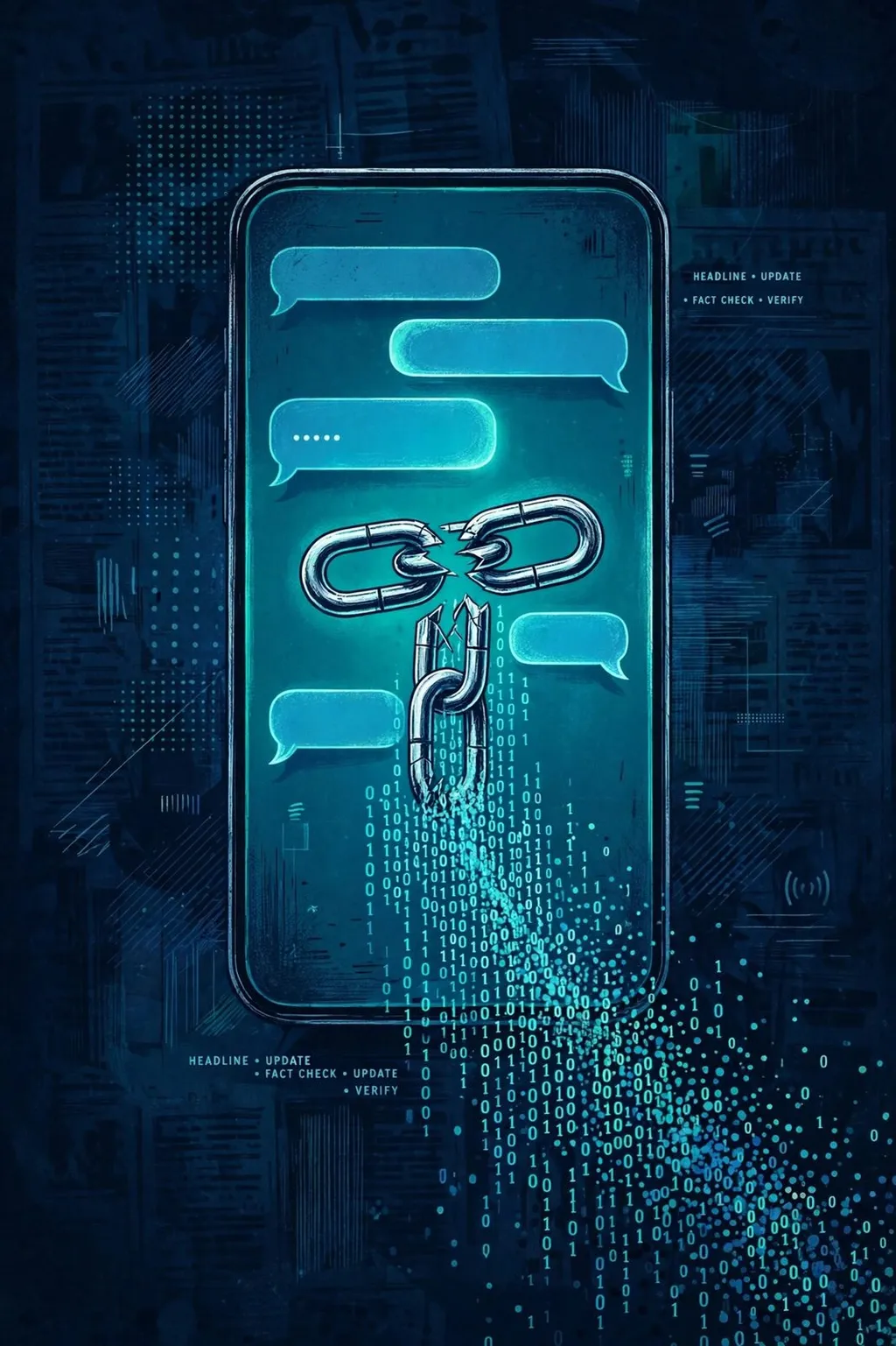Editorial illustration: a glowing smartphone screen showing chat bubbles with a broken link chain dissolving into binary code, dark blue and teal newsroom style
