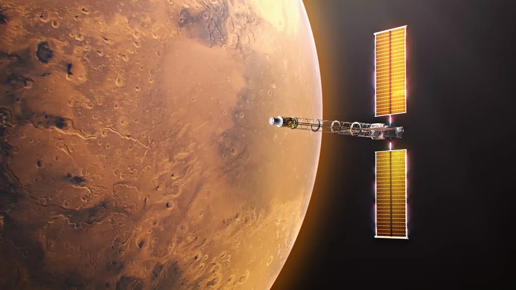 Artist's impression of NASA's SR-1 Freedom nuclear-powered spacecraft in orbit near Mars.