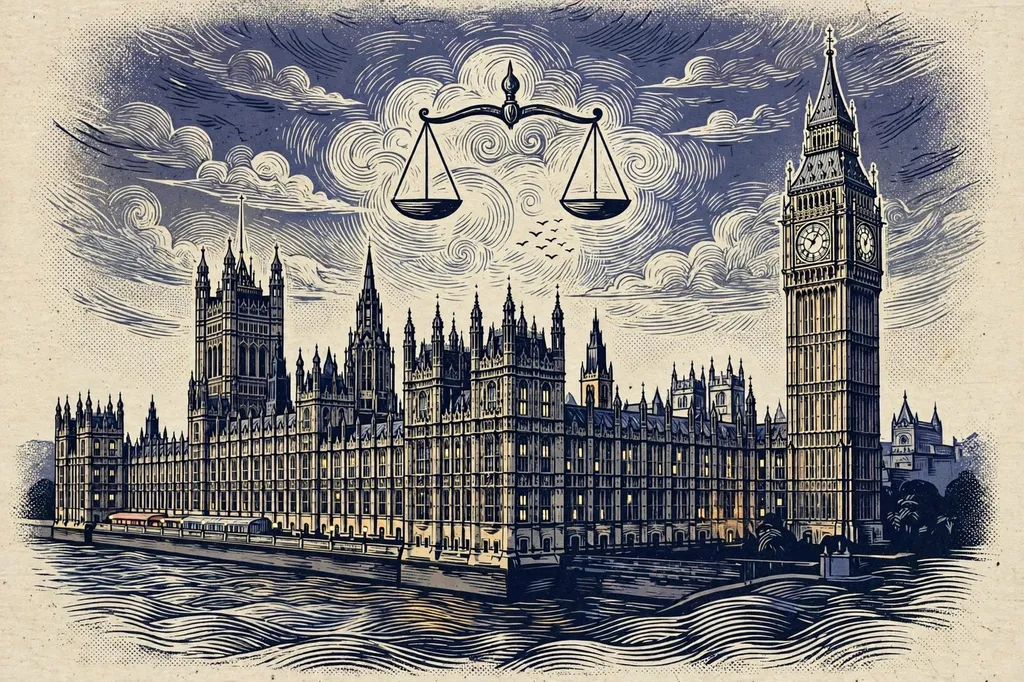 Editorial illustration of the Houses of Parliament in London at dusk with a scales-of-justice motif