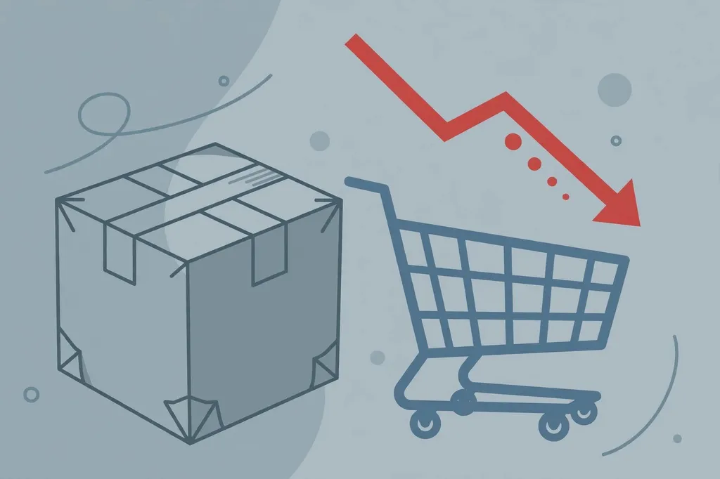 Flat vector-style editorial illustration of a stylised shopping trolley and delivery parcel beside a descending red chart arrow on a muted blue-grey background, representing corporate layoffs at an online marketplace