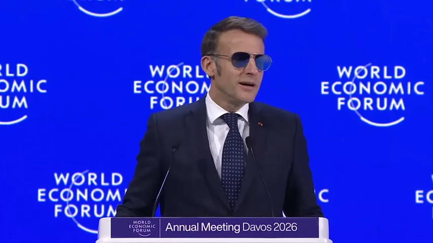 Emmanuel Macron speaking at the World Economic Forum Annual Meeting in Davos, January 2026