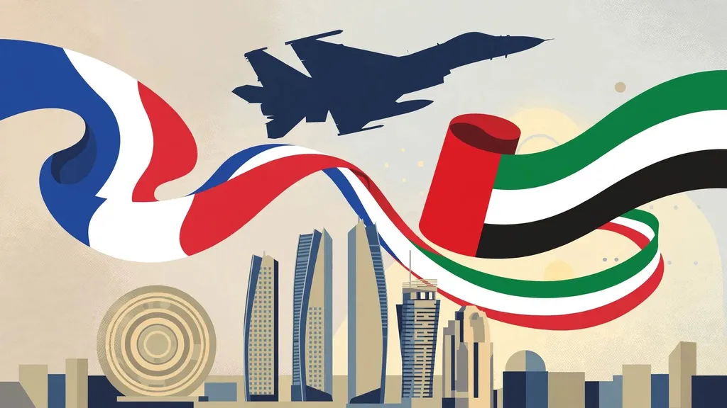 Editorial illustration of a fighter jet flying over the Abu Dhabi skyline with French and UAE flag ribbons