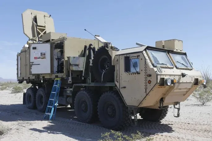 A US military Active Denial System heat-ray vehicle, the non-lethal directed-energy weapon, on a desert test range