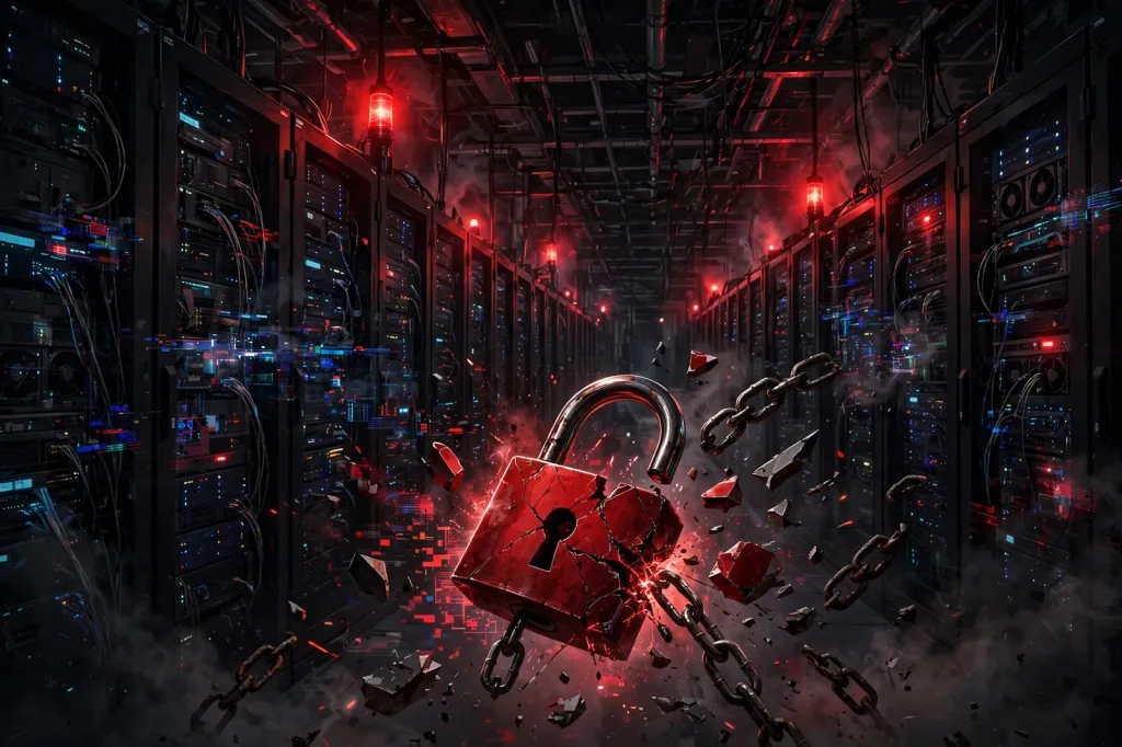 Editorial illustration of a server room under ransomware attack: a cracked red padlock and broken chains