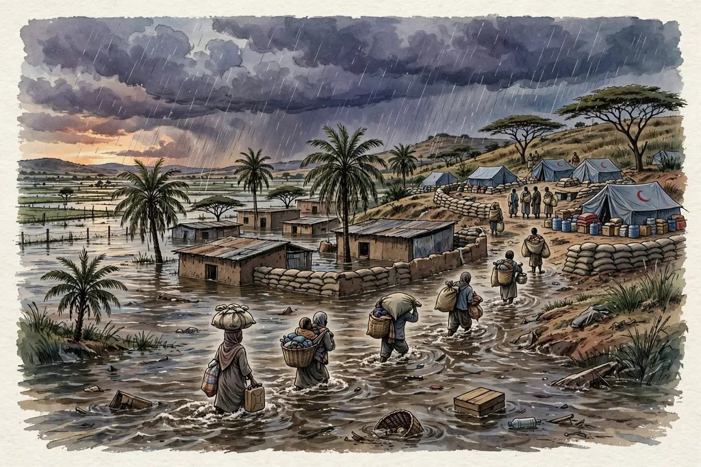 Editorial illustration of a flooded Somali town: families wading through floodwater carrying belongings, submerged houses, sandbag barriers, relief tents and heavy rain.