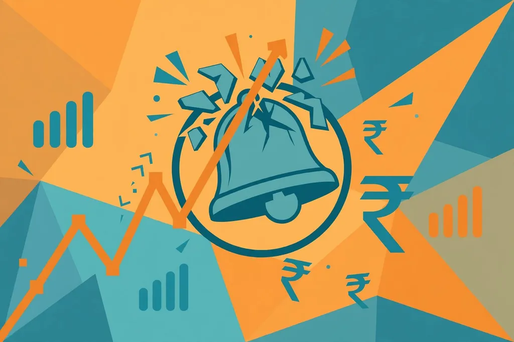 Editorial illustration of a rising stock chart, an IPO listing bell and rupee symbols on a saffron and teal background. (Illustration: Flip News / AI-generated)