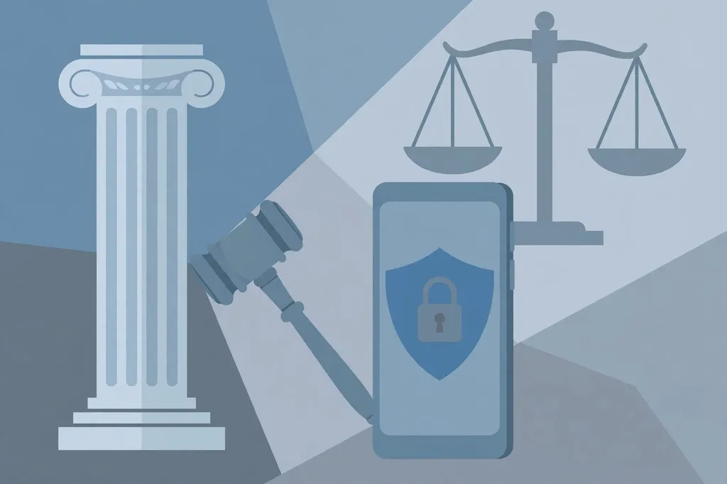 Editorial illustration of a courthouse column, judge's gavel, scales of justice and a smartphone with a shield and padlock. (Illustration: Flip News / AI-generated)