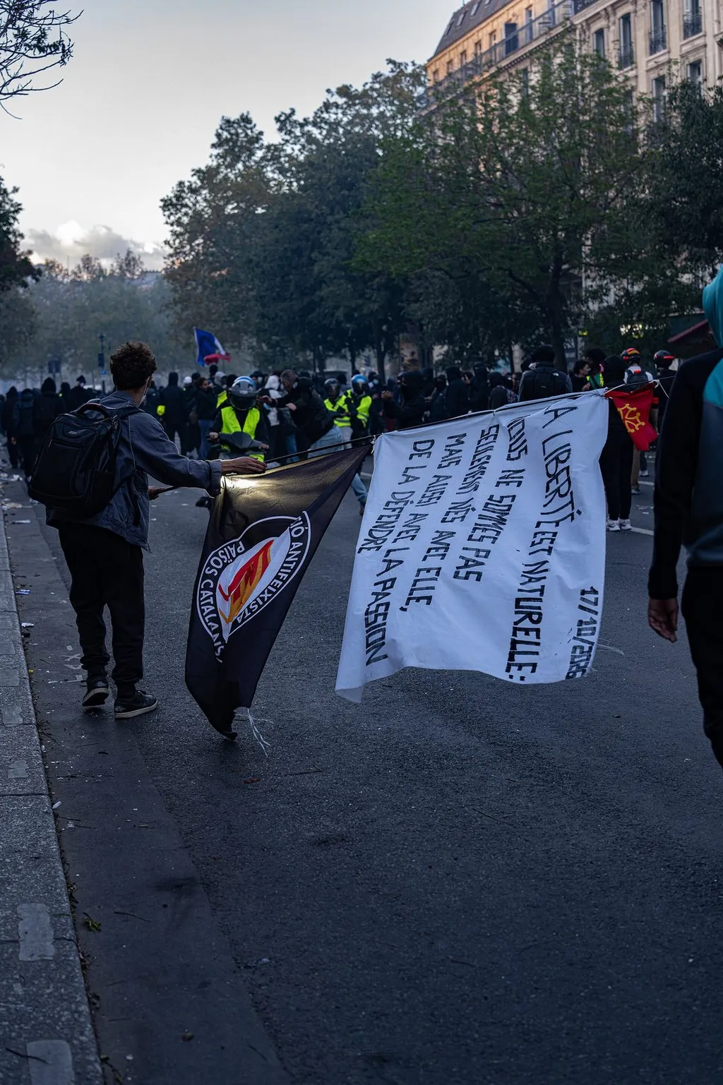 Demonstrators carrying protest banners through a tear-gas haze during the 17 October 2026 riots in Paris