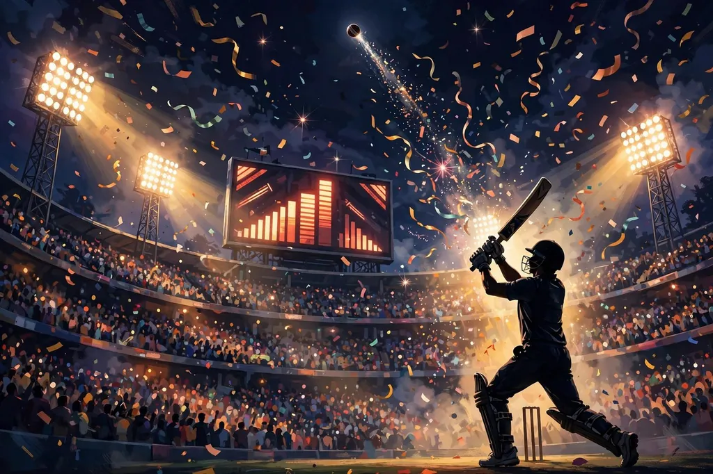 Illustration of a batsman launching a ball into the night sky under floodlights in a packed cricket stadium, confetti falling.