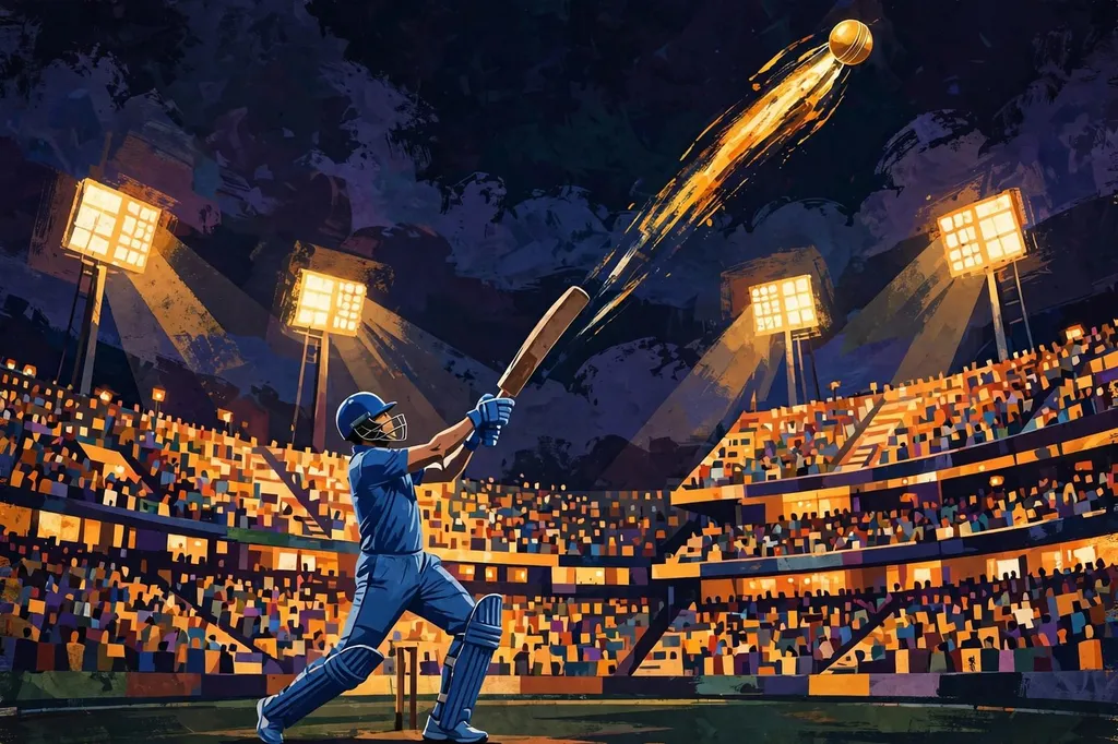 Illustration: a batsman in blue launches a towering six under floodlights before a packed night cricket stadium