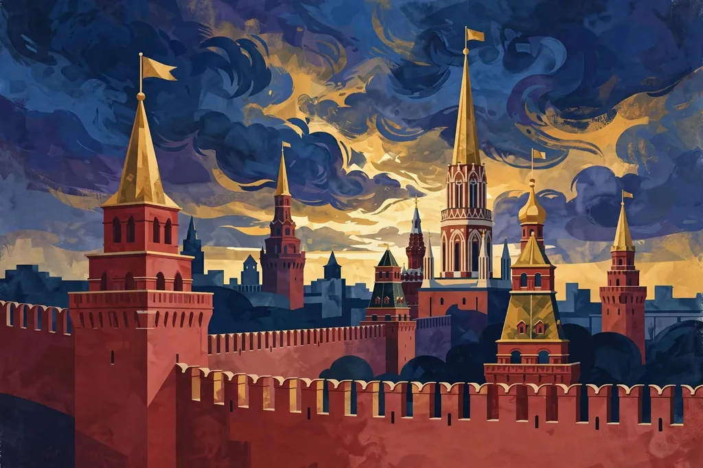 Illustration: the Moscow Kremlin towers and red walls under a dramatic dusk sky