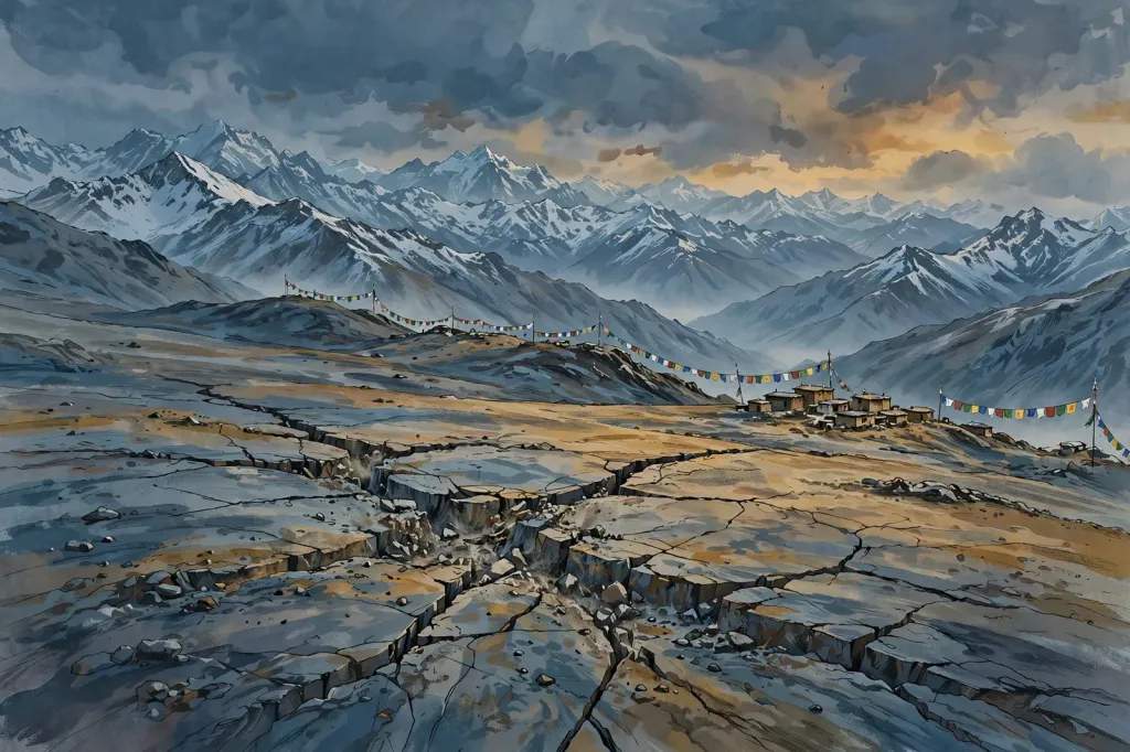 Illustration: snow-capped Himalayan ridges above a high Tibetan plateau split by earthquake fissures, with a remote mountain village and prayer flags