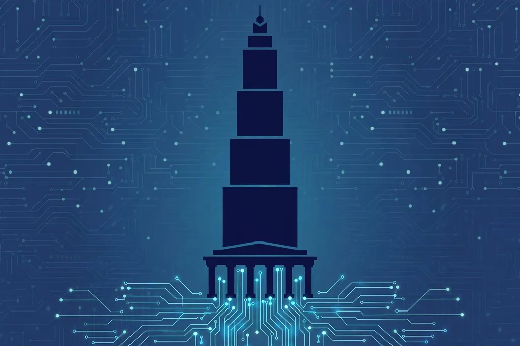 Illustration: a bank tower against a backdrop of circuit-like patterns suggesting artificial intelligence