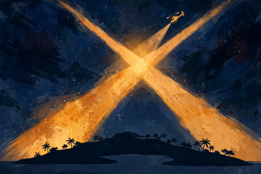 Editorial illustration of searchlight beams sweeping a night sky over a stylised Caribbean island, with an abstract helicopter silhouette