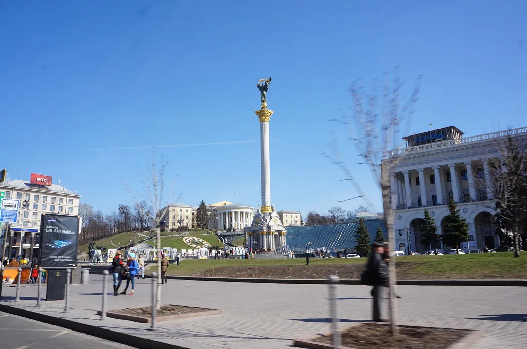The Independence Monument on Maidan Nezalezhnosti (Independence Square) in Kyiv, Ukraine, under a clear sky