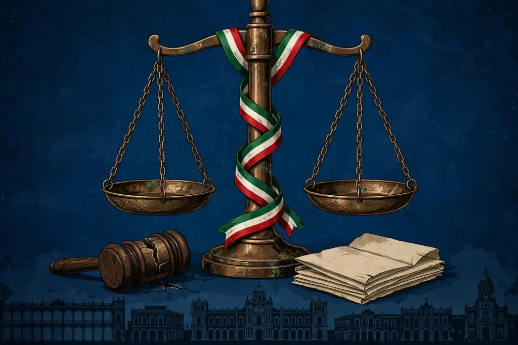Illustration of bronze scales of justice wrapped in a green-white-red Mexican-flag ribbon, with a gavel, documents and a Mexico City skyline.