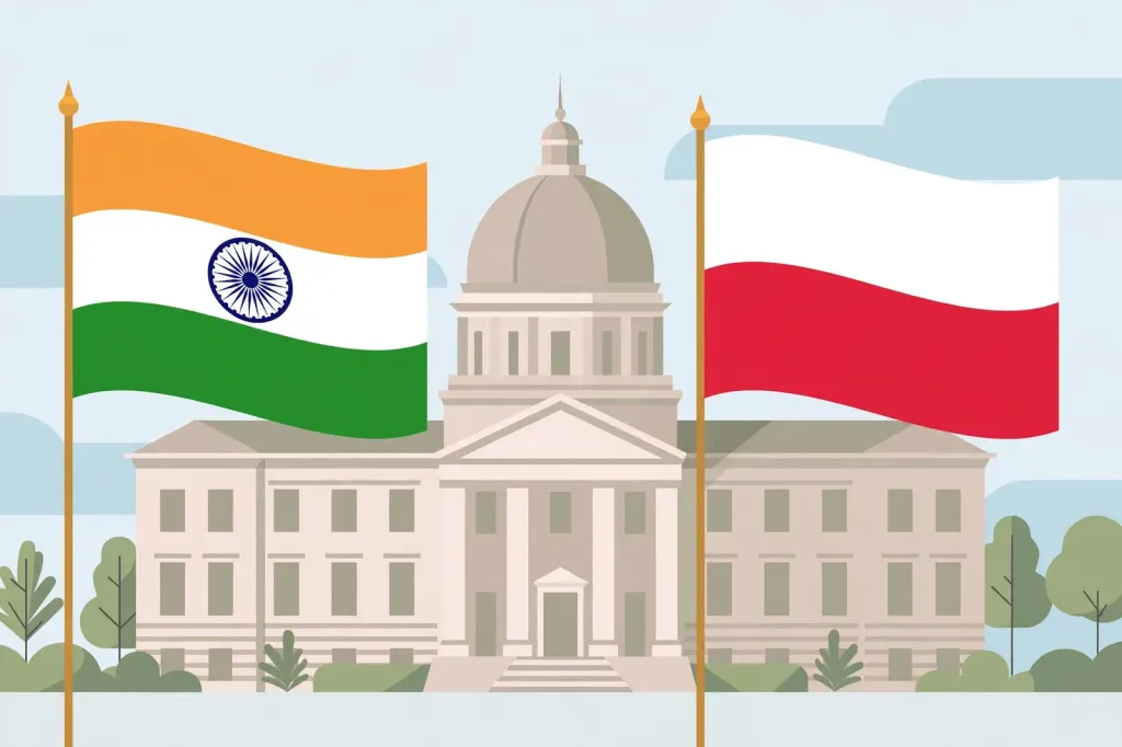 Editorial illustration of the Indian and Polish flags beside a stylised government building dome