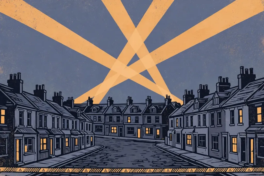 Stylised illustration of a Nottingham residential street at night with police searchlight beams overhead.