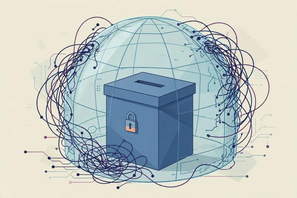 Editorial illustration of a shielded ballot box with tangled digital network threads