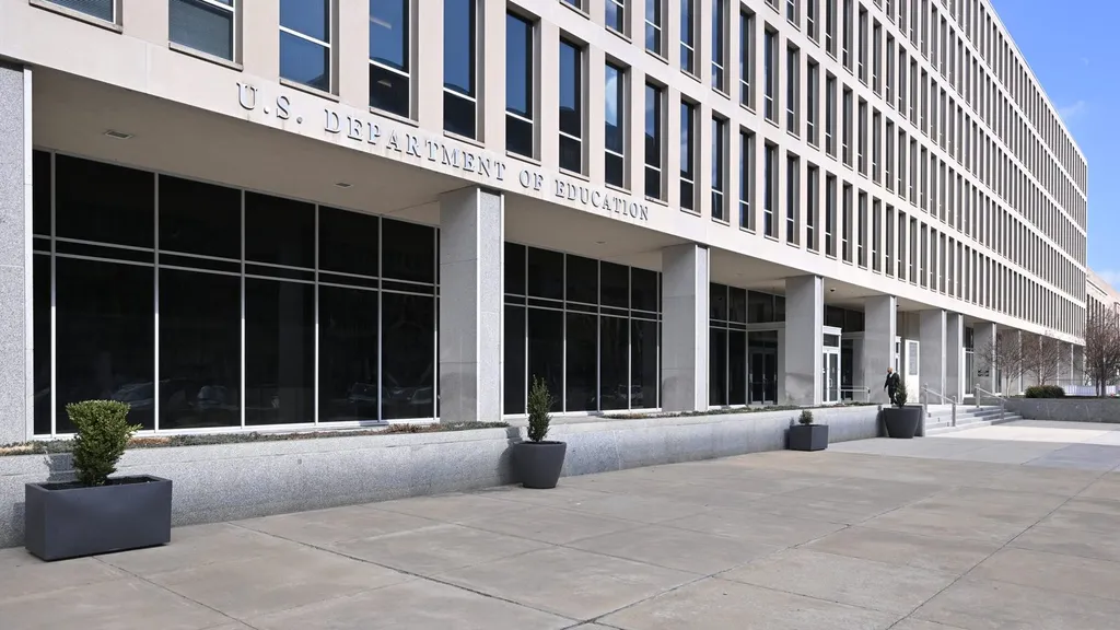 Entrance of the Lyndon Baines Johnson US Department of Education building in Washington, D.C.