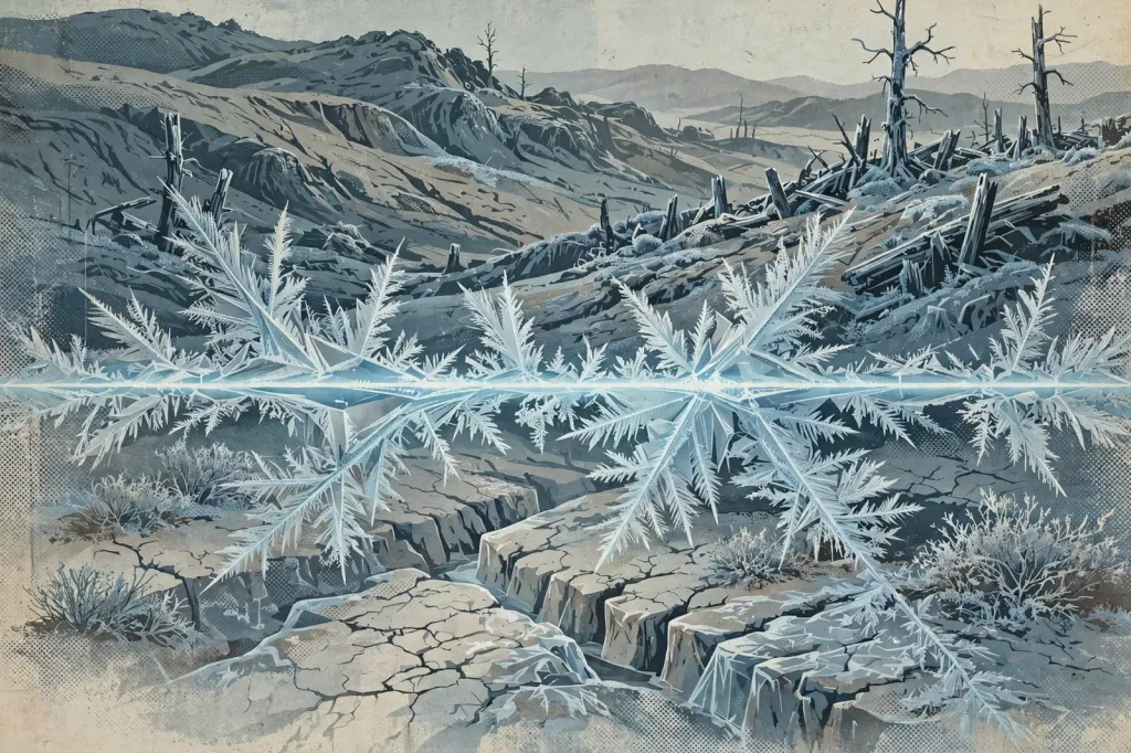 Editorial illustration of a frozen line of ice crystals halting across a stylised war-torn landscape, symbolising a ceasefire