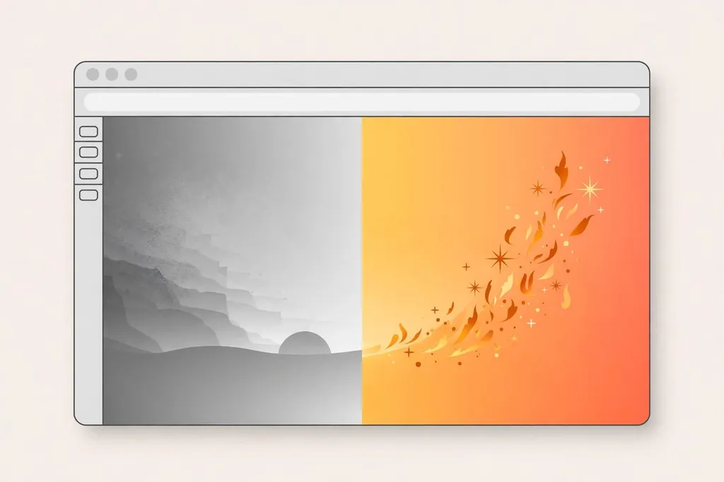 Editorial illustration of a desktop browser window with a vertical sidebar; the left half fades in greyscale behind a setting sun while the right half glows in warm orange gradient with rising sparks.
