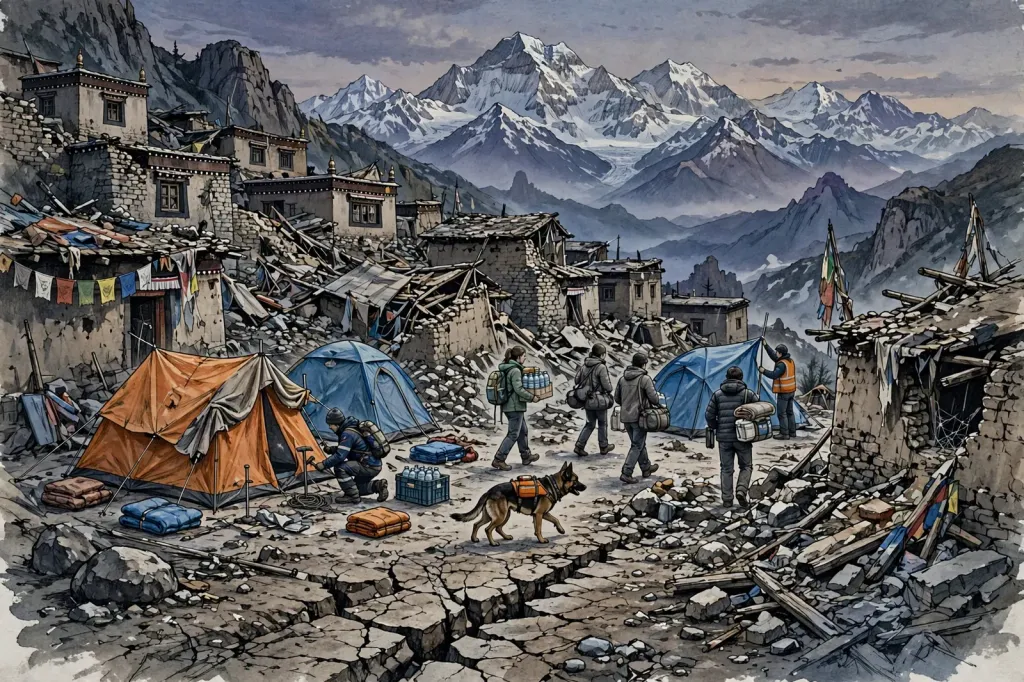 Illustration: rescue workers pitching emergency tents among collapsed houses in a high-altitude Tibetan mountain village after the earthquake