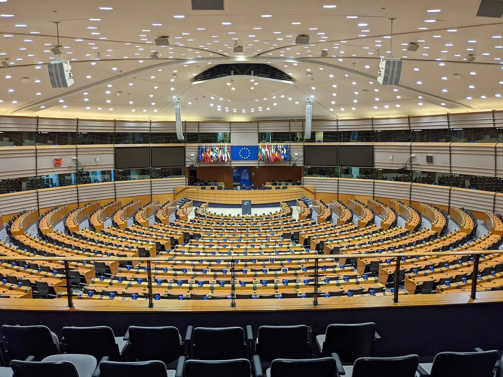 Interior of the European Parliament hemicycle in Brussels, the chamber where MEPs adopted the resolution on the Houthis