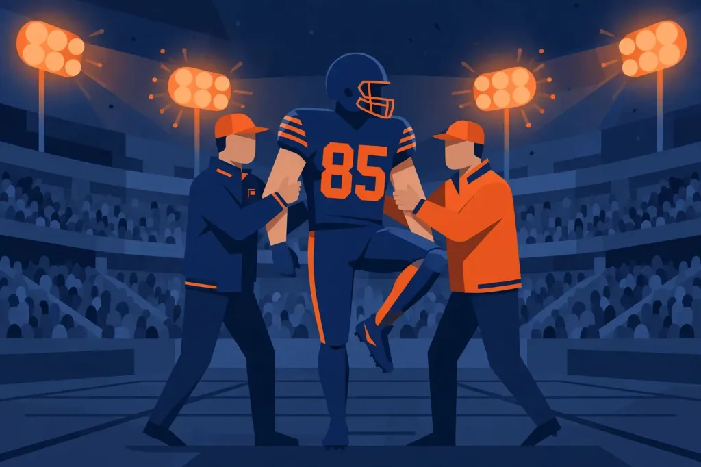 Editorial illustration of a Chicago Bears tight end wearing number 85 being helped off the field by trainers under stadium lights