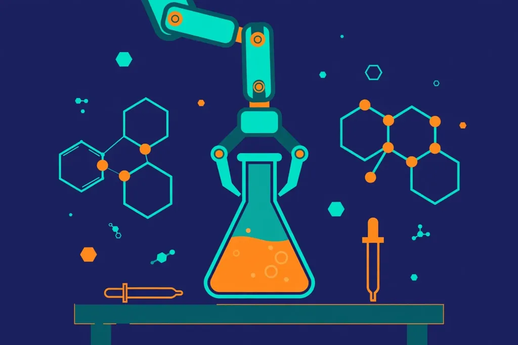 Flat-vector illustration of a robotic arm holding a chemistry flask with stylised molecule structures