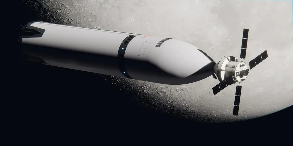NASA artist's concept of the Orion spacecraft docked with SpaceX's Starship lunar lander against the Moon