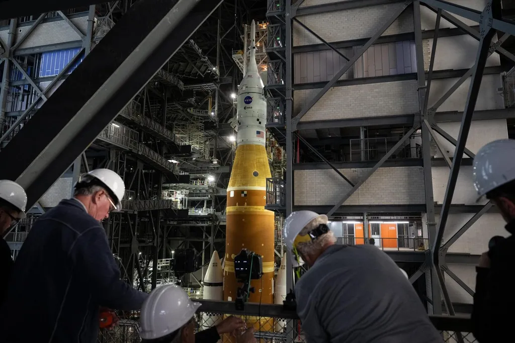 The Artemis II Space Launch System rocket and Orion spacecraft inside the Vehicle Assembly Building at NASA's Kennedy Space Center ahead of rollout to Launch Pad 39B, January 2026.