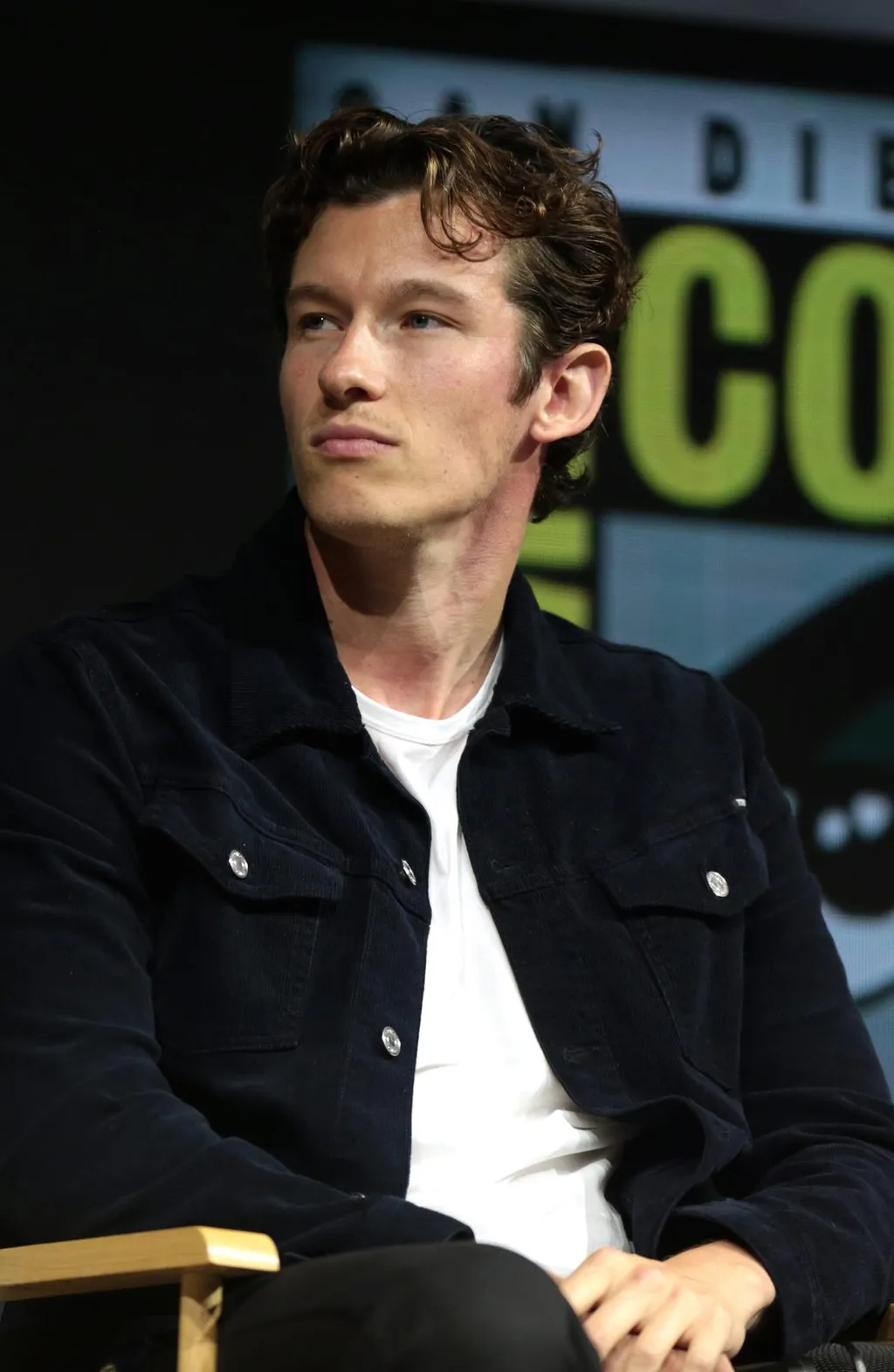 Callum Turner speaking at a 2018 Comic-Con panel, one of the actors reportedly screen-testing for James Bond