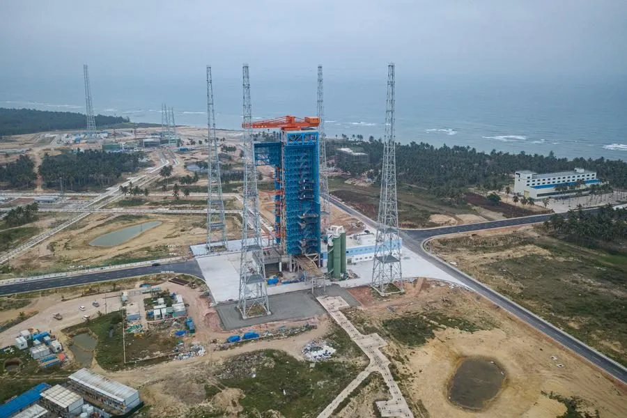 Aerial view of a launch pad under construction at the Hainan commercial spaceport