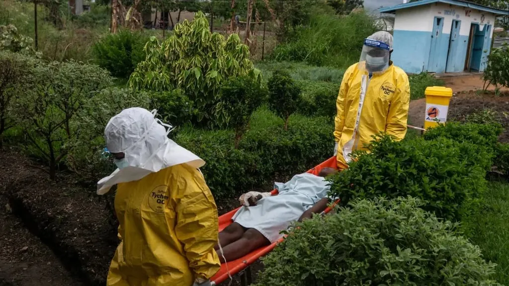 Health workers in protective suits carry a patient on a stretcher during an Ebola outbreak response