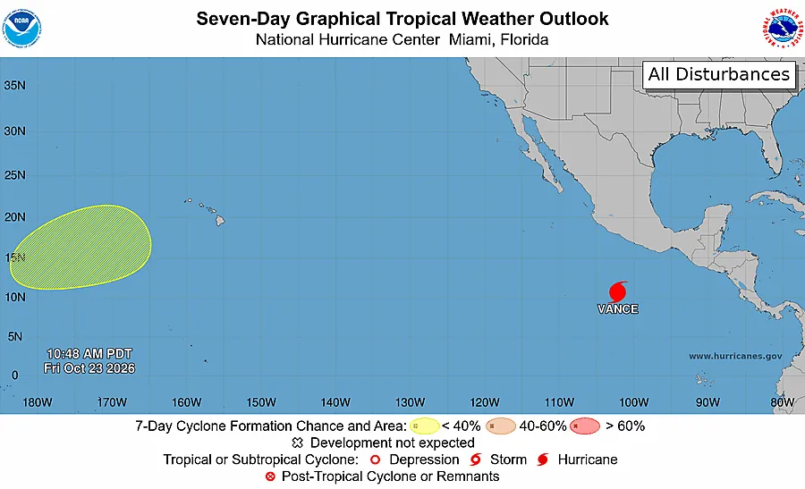 NHC seven-day tropical weather outlook map for 23 October 2026 showing Hurricane Vance as a red hurricane symbol off Mexico's Pacific coast