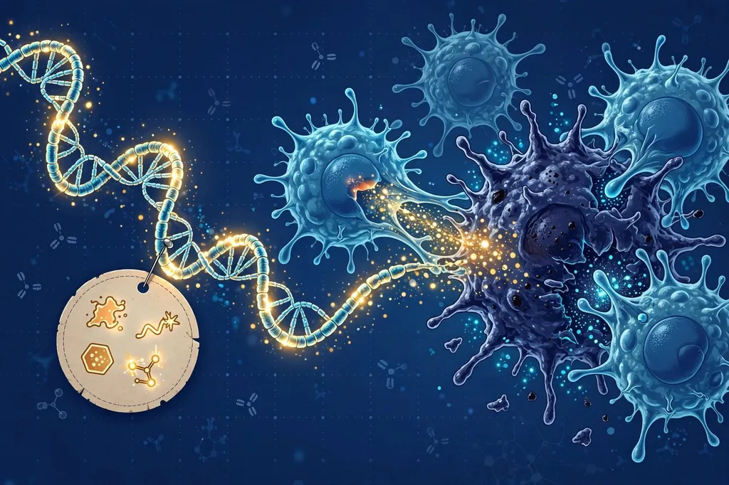 Illustration of glowing mRNA strands delivering a wanted poster of tumour neoantigens to immune cells attacking a melanoma cell
