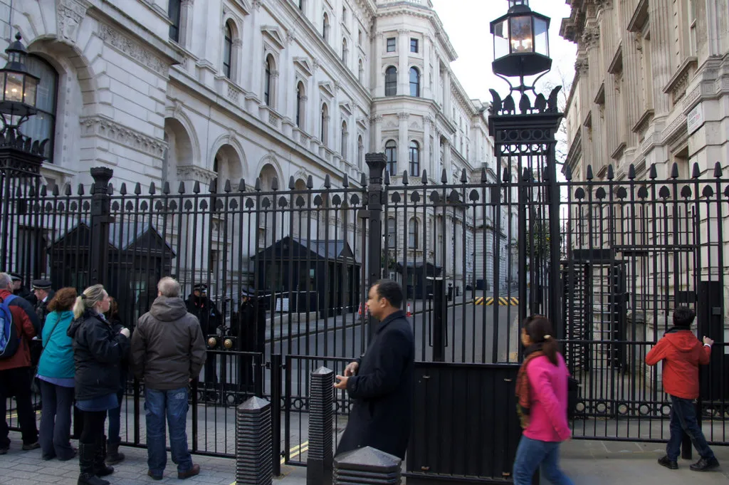 Gated entrance to Downing Street from Whitehall, London