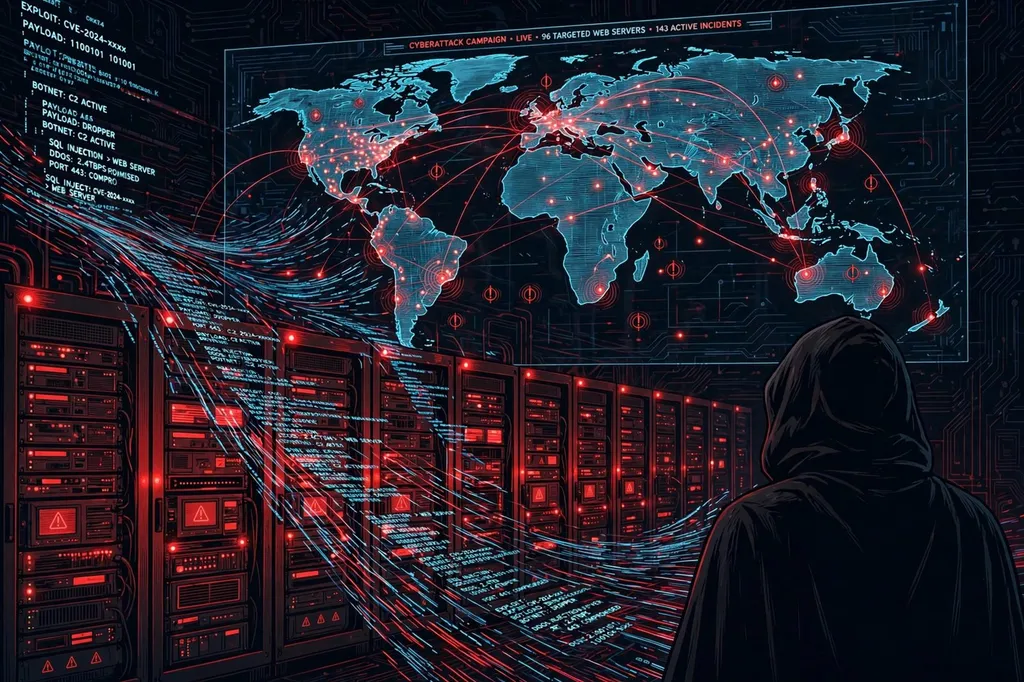 Illustration: a hooded figure before rows of server racks and a world map marked with cyberattack targets, symbolising the 'June 2026 Minjun' campaign against PHP2Shell flaws