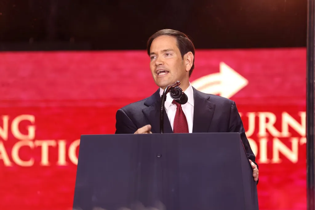 US Secretary of State Marco Rubio speaking at a podium in Glendale, Arizona, on 21 September 2025.