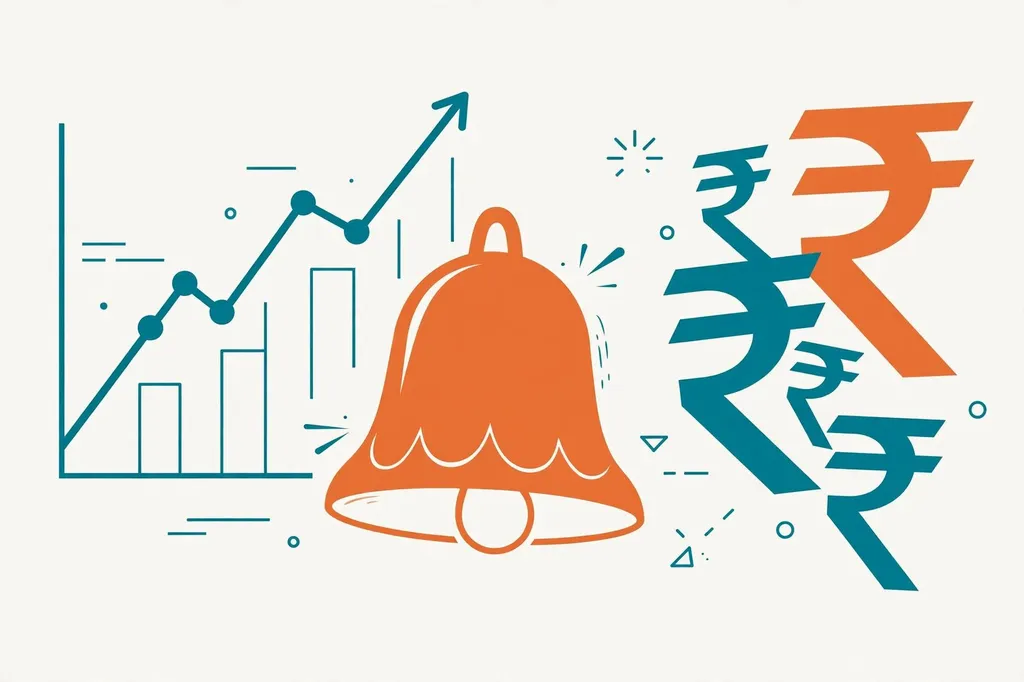 Editorial illustration of a rising stock chart, a listing bell and rupee symbols in saffron and teal. (Illustration: Flip News / AI-generated)