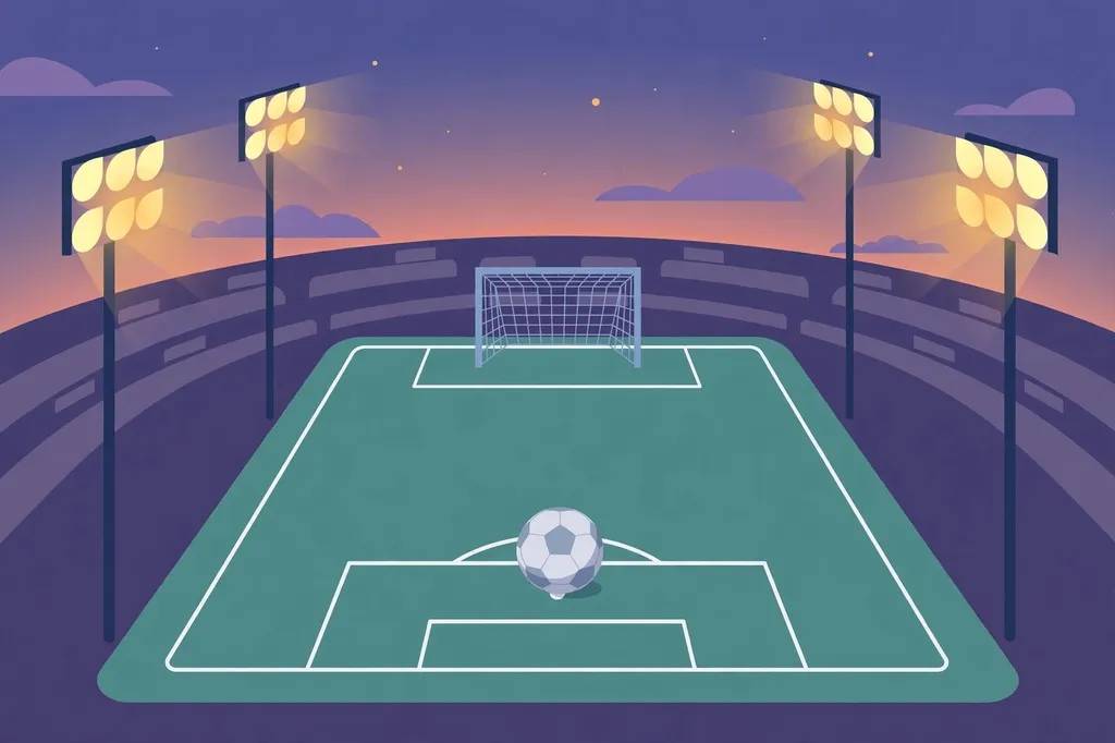 Illustration of a floodlit football pitch at dusk with a goal and a football on the penalty spot. (Illustration: Flip News / AI-generated)