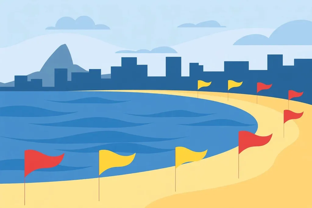 Illustration of Copacabana beach in Rio de Janeiro with red and yellow flags along the shore. (Illustration: Flip News / AI-generated)
