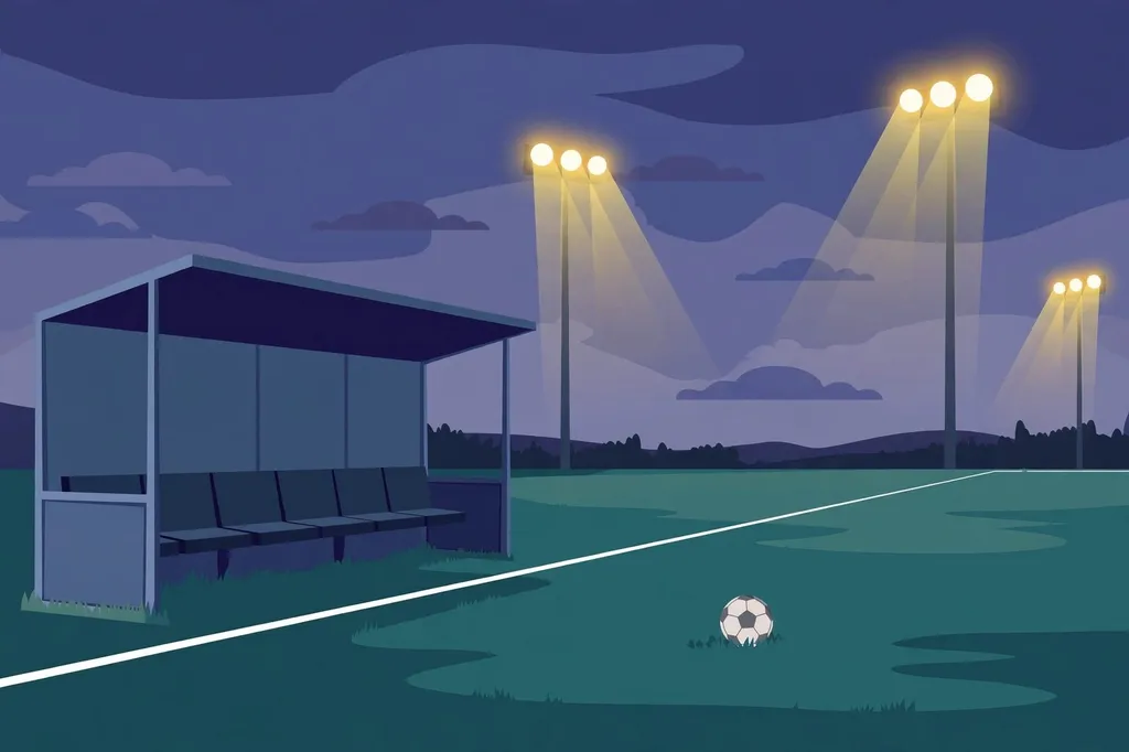 Illustration of an empty football manager's dugout beside a floodlit pitch at dusk. (Illustration: Flip News / AI-generated)